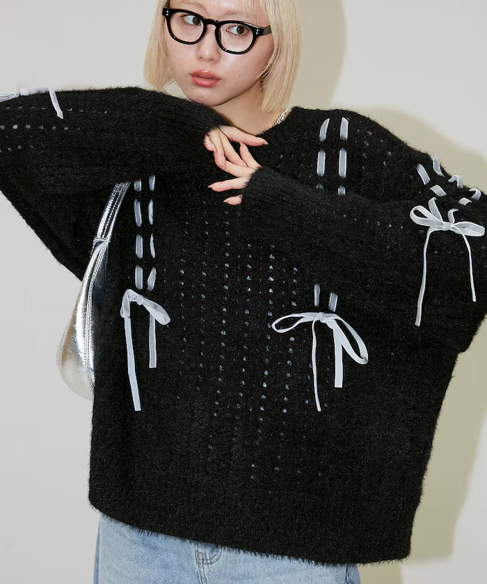 Velvet Ribbon Woven Feather Knit Limited Edition - Black