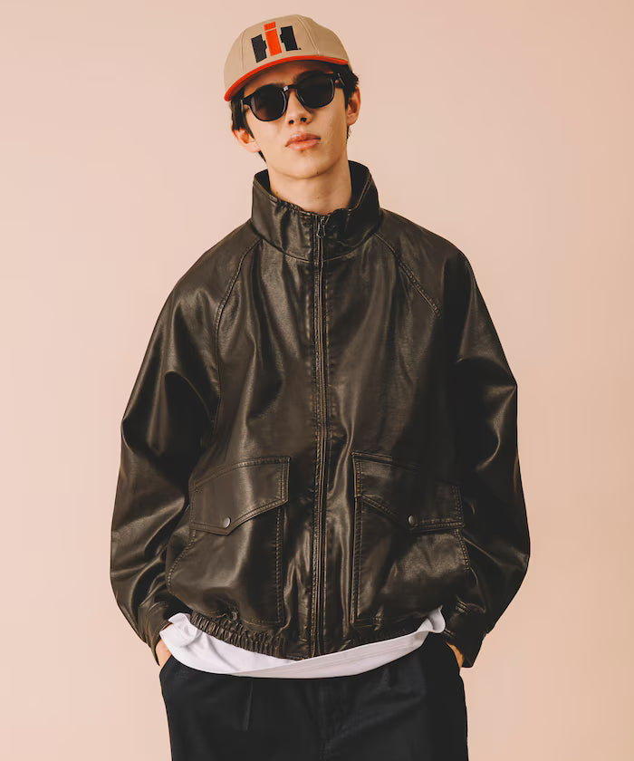 Washed processed leather red stand collar zip-up short blouson