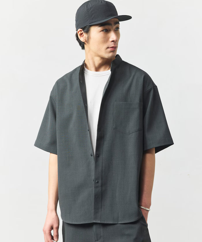 [New Color Added] Quick-Dry Material Relaxed Fit Band Collar Shirt Short Sleeve Linen Feel