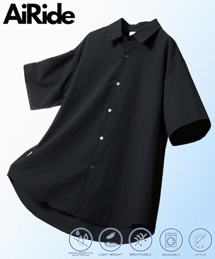 AiRide/AiRide Relax Fit Short Sleeve Seersucker Shirt/Pocketable/Quick Dry/UV Cut [Limited Edition] - Black