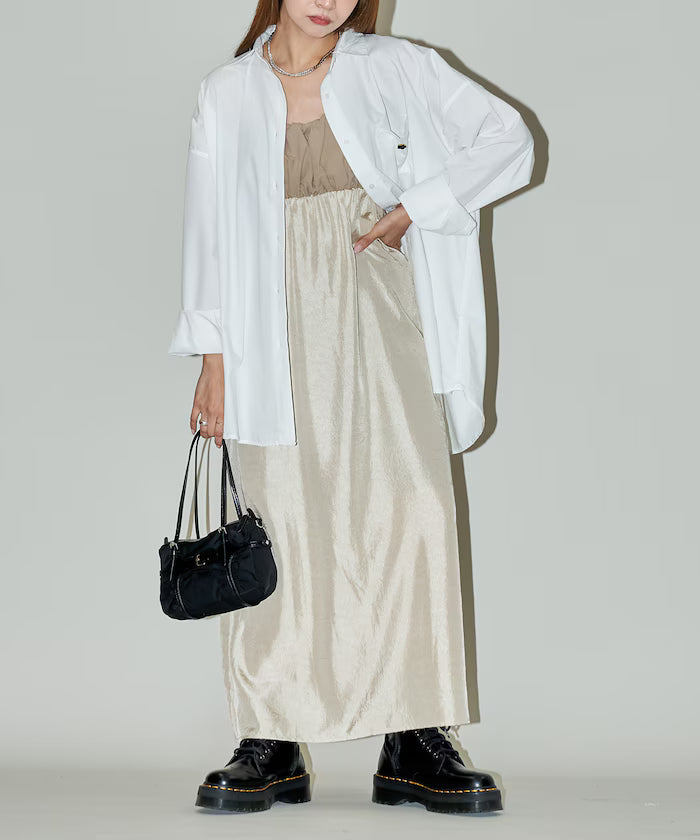 Mixed Material Shirring Satin Dress Limited Release