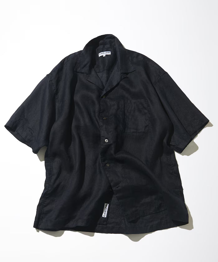 Linen Open Collar Short Sleeve Shirt - Navy
