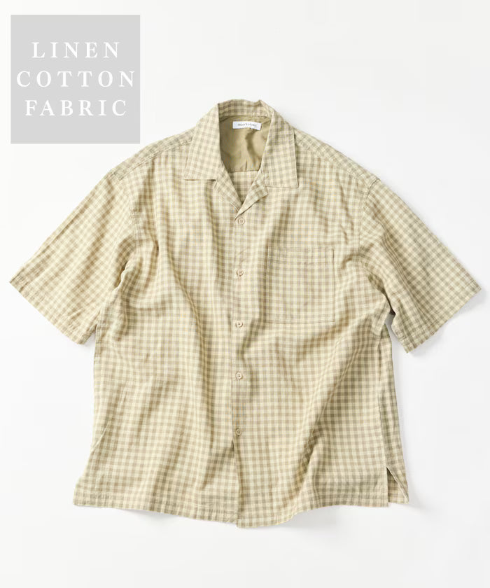 LINEN COTTON OPEN COLLAR SS SHIRT - Beige