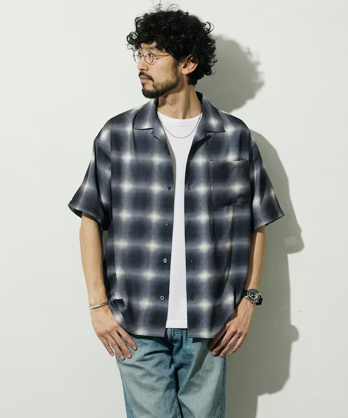 Mesh Open Collar Pattern Short Sleeve Shirt / Allover Design Open Collar Shirt / Big Silhouette - Gray