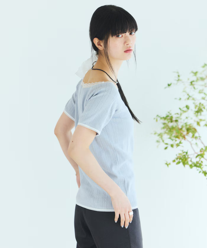 Boat Neck Pullover Knit Lace T-Shirt