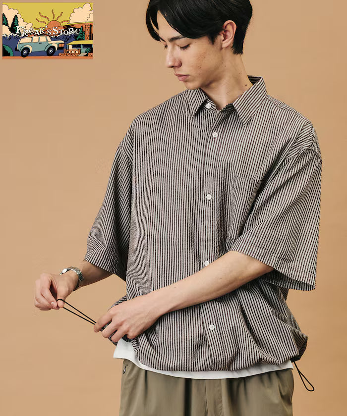 FREAK'S STORE for BEACH & FES Seersucker Spindle Regular Collar Short Sleeve Shirt - Brown Stripe