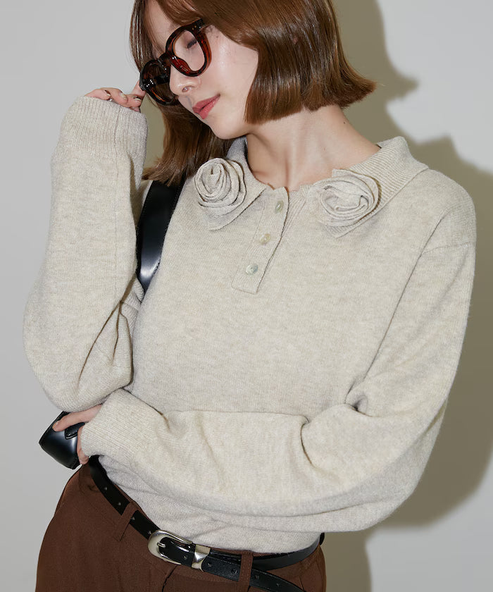 Polo knit pullover with flower motif - limited edition - Natural