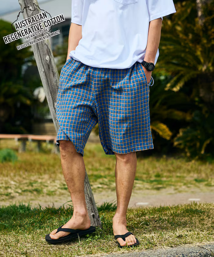 AUSTRALIAN COTTON Check Easy Shorts - Sax Blue