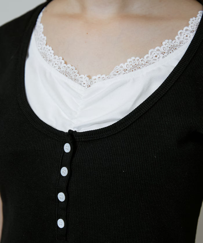 Short Sleeve Lace Layered Style Henley Neck T-Shirt Limited Edition