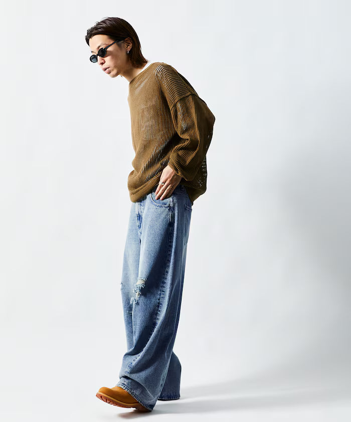 Wide Silhouette Curve Damaged Denim Pants