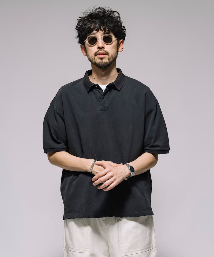 Distressed Oversized Polo Shirt / One Point Embroidery / Pigment Processing