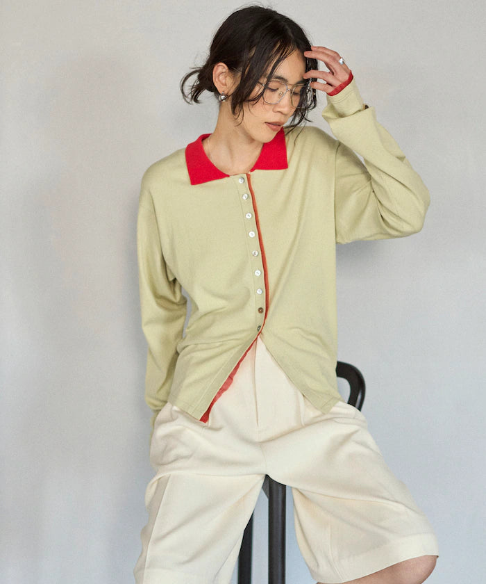 Color Design Fake Layered Long Sleeve Polo Knit Cardigan