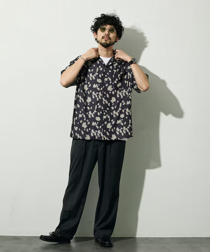 Mesh Open Collar Pattern Short Sleeve Shirt / Allover Design Open Collar Shirt / Big Silhouette