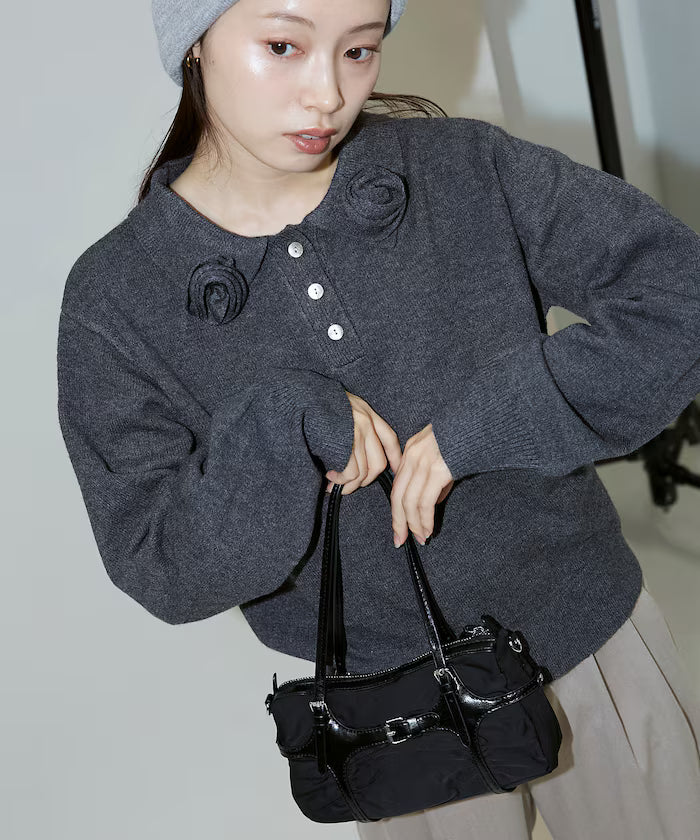 Polo knit pullover with flower motif - limited edition