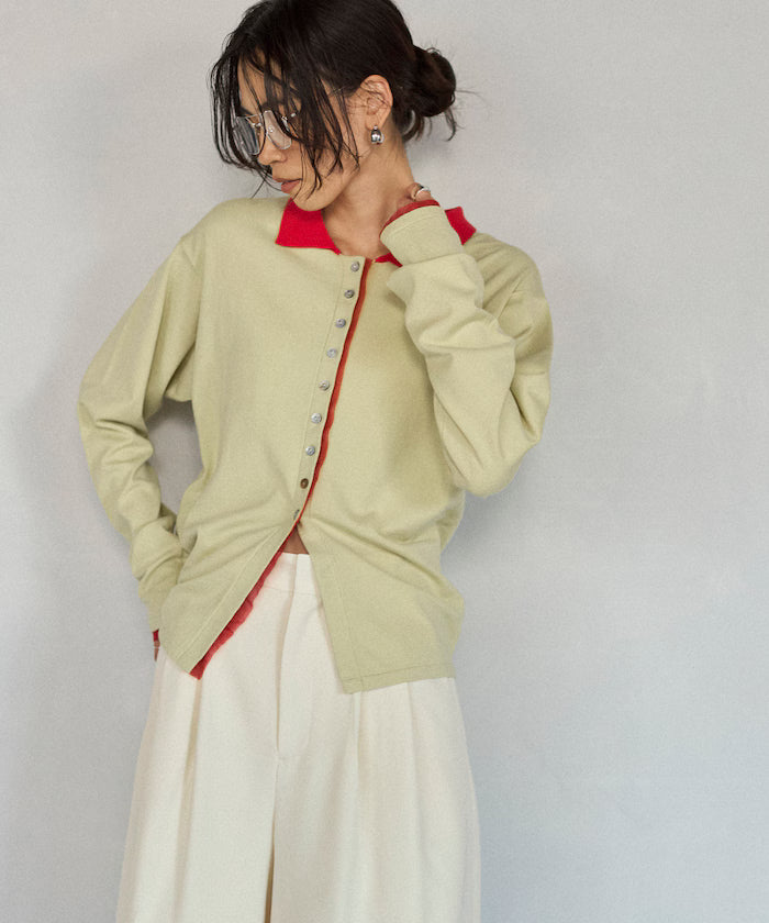 Color Design Fake Layered Long Sleeve Polo Knit Cardigan