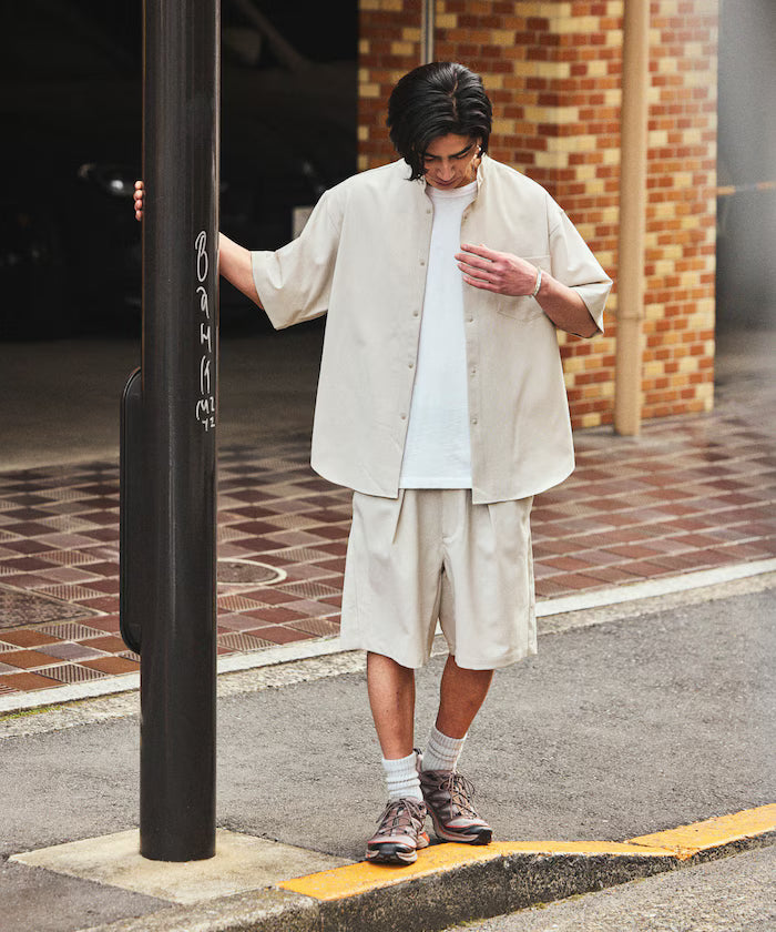 [New Color Added] Quick-Dry Material Relaxed Fit Band Collar Shirt Short Sleeve Linen Feel