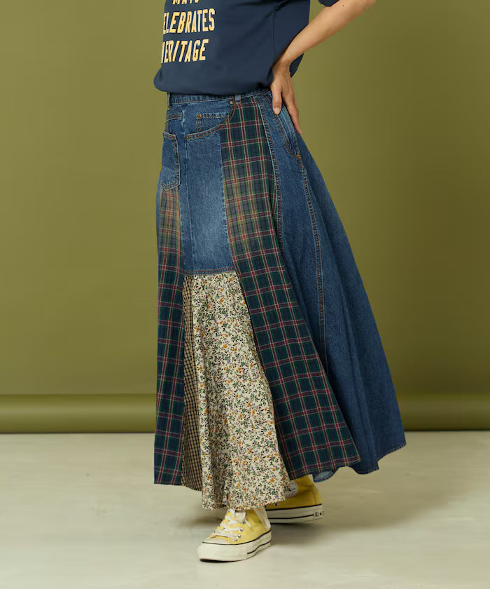 Side Front Denim Color Block Flared Skirt