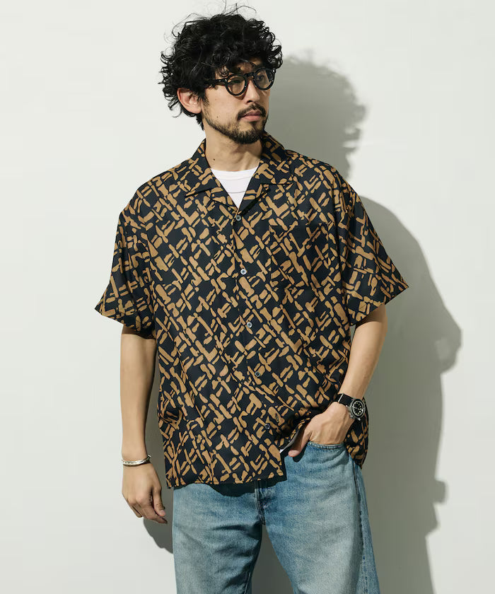Mesh Open Collar Pattern Short Sleeve Shirt / Allover Design Open Collar Shirt / Big Silhouette