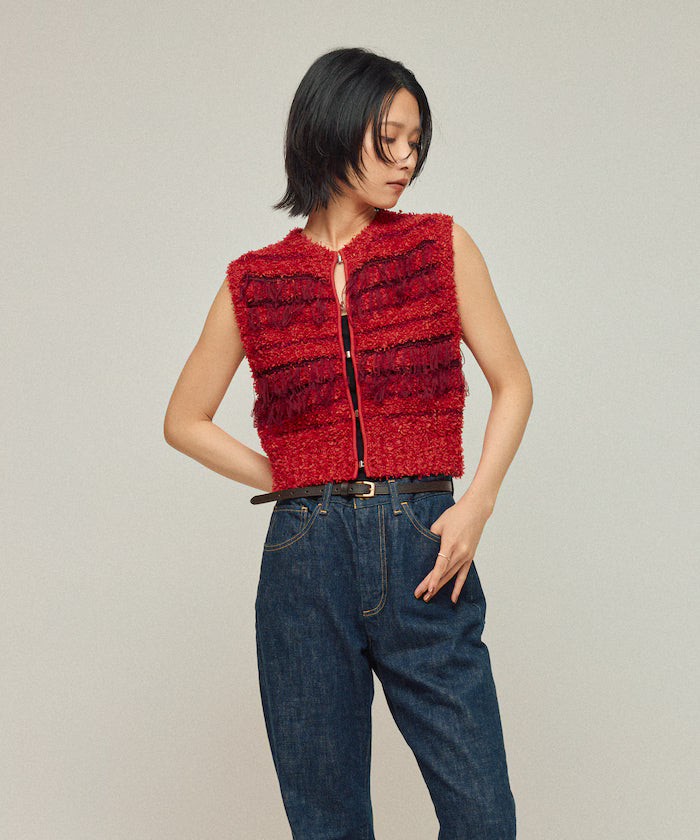 Mixed Material Fringe Knit Vest / Striped Knit Vest 25AW