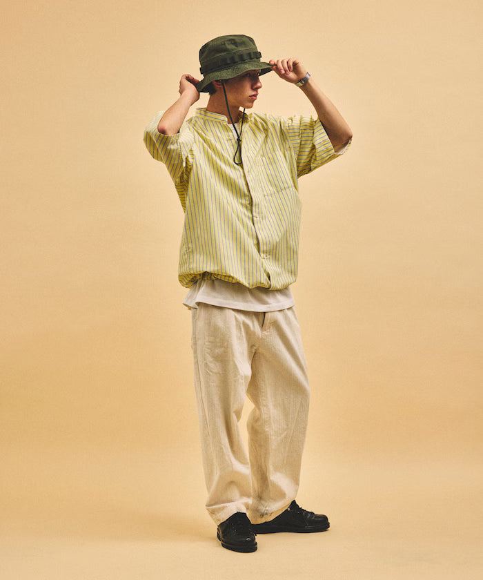 Typewriter Spindle Band Collar Stripe Short Sleeve Shirt
