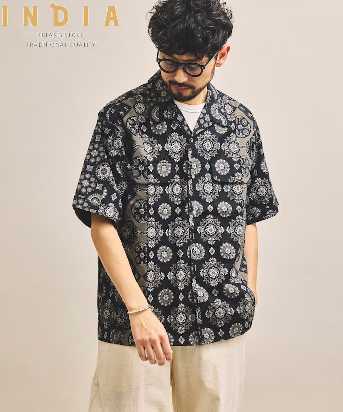[New color added] Indian-made Relaxed Fit Batik Pattern Print Open Collar Shirt Short Sleeve Small Pattern - Black