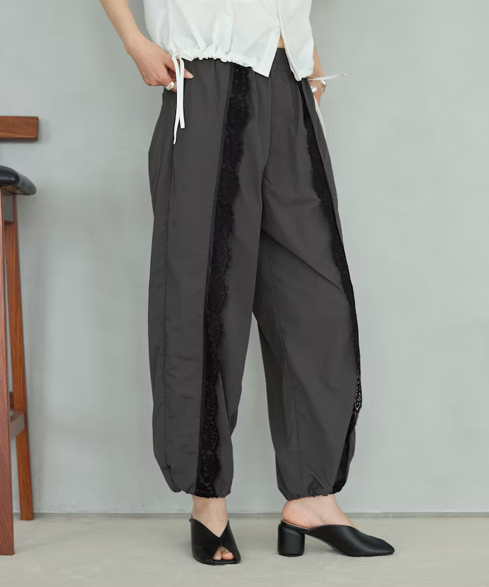 Nylon Lace Easy Wide Pants - Charcoal Gray