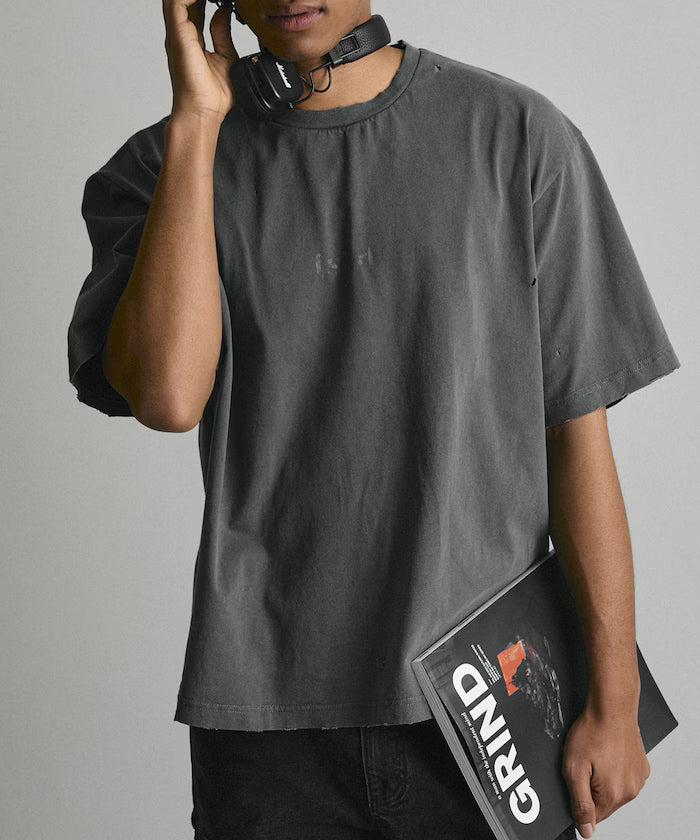 7.3 oz damaged processed front logo print short sleeve T-shirt / oversized crew neck short sleeve T-shirt