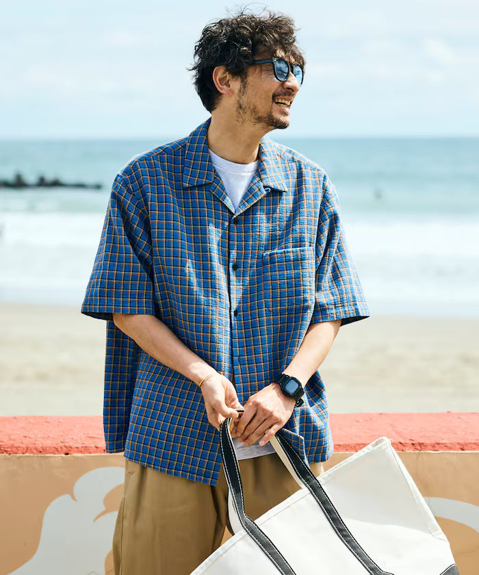 AUSTRALIAN COTTON Open Collar Check Shirt Short Sleeve
