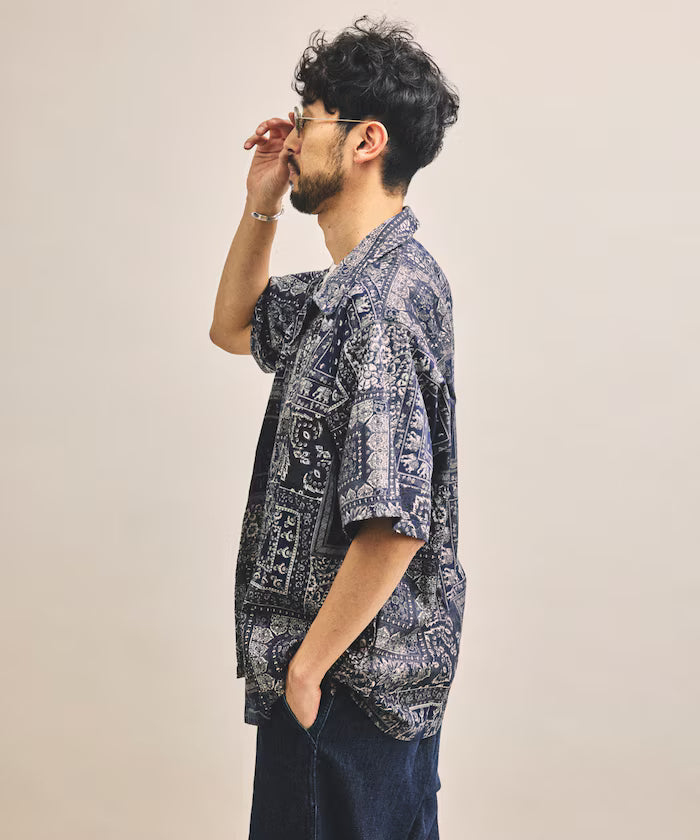 India-made Relaxed Fit Paisley Print Open Collar Short Sleeve Shirt Bandana Pattern