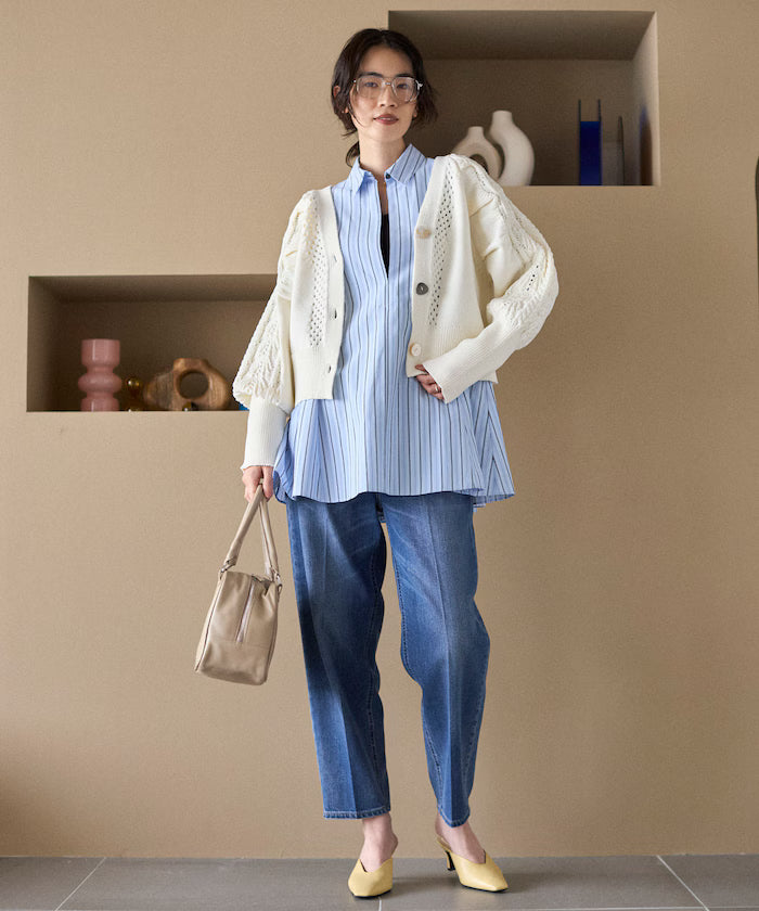 Variation Button Volume Sleeve Cable Knit Cardigan