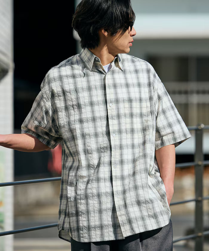 Relax Fit Regular Collar Sheer Seersucker Short Sleeve Shirt 【Limited Edition】 - WHT Check