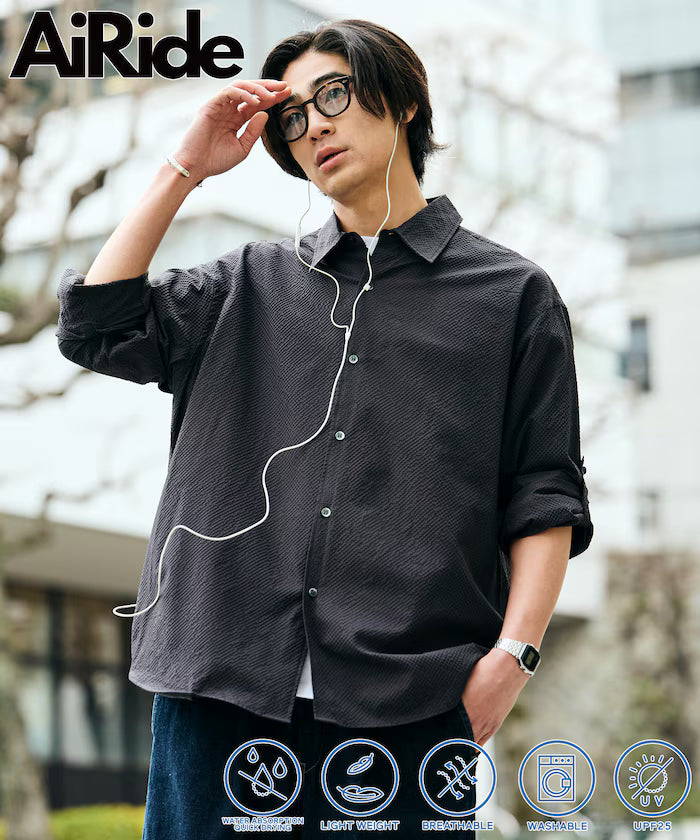 AiRide/Air Ride Relax Fit 2WAY Roll Up Sheer Seersucker Shirt/Pocketable/Quick Dry/UV Cut [Limited Release] - Charcoal Gray