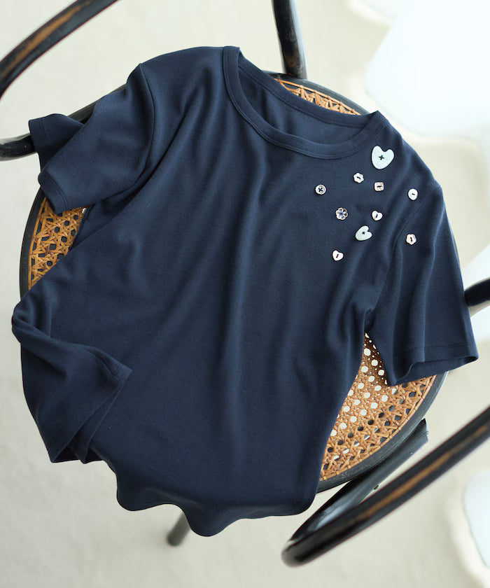 Many Button Cotton Modal Short Sleeve T-Shirt - Navy