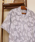 India-made Relaxed Fit Cut Jacquard Stripe Open Collar Short Sleeve Shirt - Gray