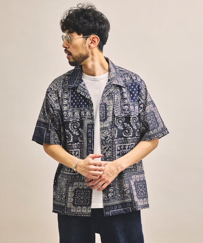 India-made Relaxed Fit Paisley Print Open Collar Short Sleeve Shirt Bandana Pattern