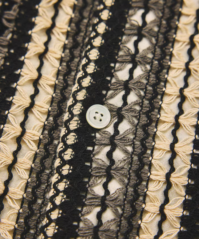 New color added: Indian-made relaxed fit all-over lace multi-stripe open collar short sleeve shirt