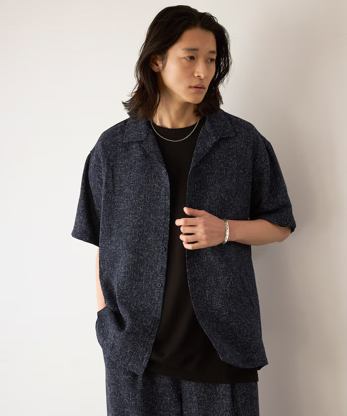 Summer Tweed Short Sleeve Open Collar Shirt / Suitable for Setup