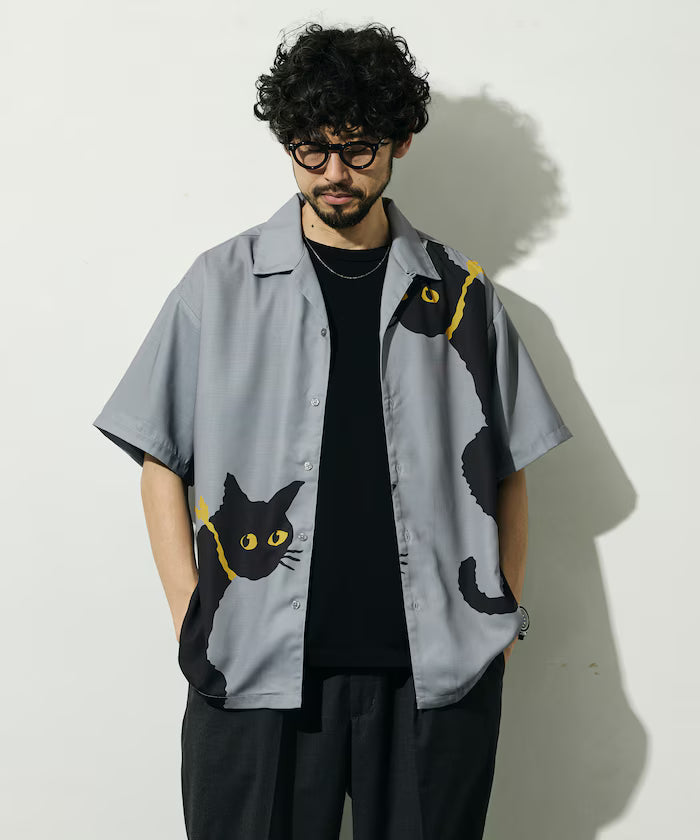 Open Collar Big Pattern Short Sleeve Shirt / Big Silhouette - Gray