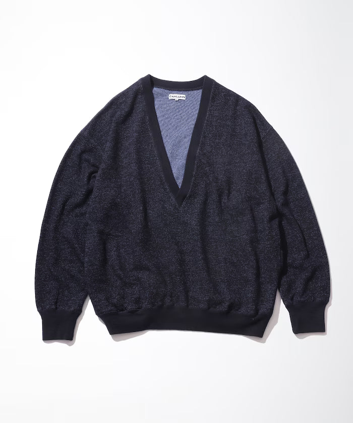 Merino Wool＋Cotton Loop Back V-neck Sweatshirt - Navy