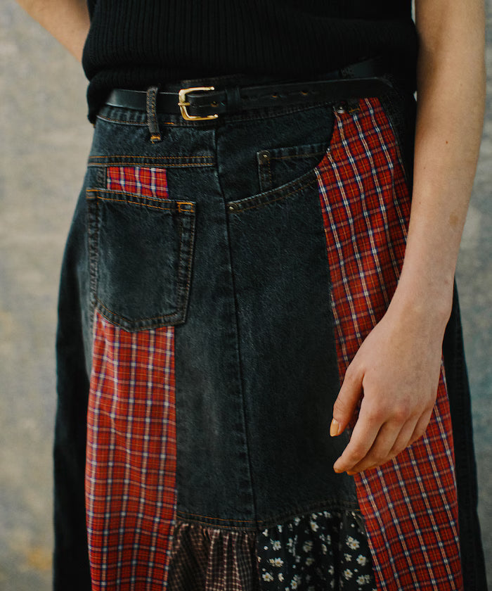 Side Front Denim Color Block Flared Skirt