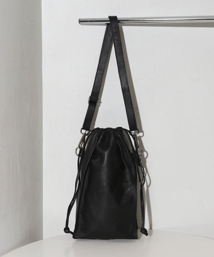 2WAY Leather Shoulder Bag 3 / Leather Vertical Drawstring 2WAY Shoulder Bag / Cowhide / Water-repellent Leather