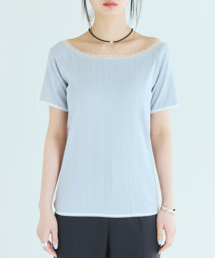 Boat Neck Pullover Knit Lace T-Shirt