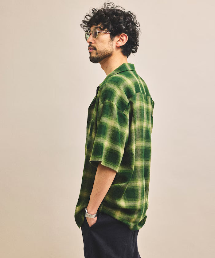 Dyed Ombre Check Open Collar Short Sleeve Sheer Shirt Relaxed Fit
