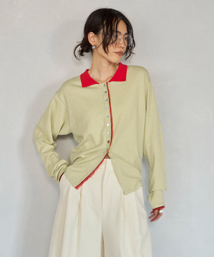 Color Design Fake Layered Long Sleeve Polo Knit Cardigan