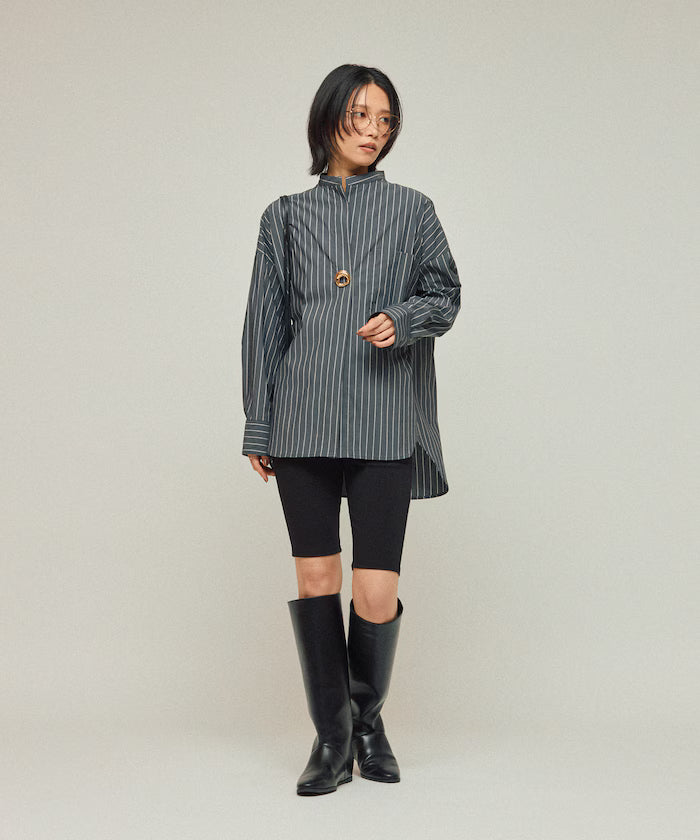 Oversized Long Sleeve Brooch Shirt - Border/Stripe