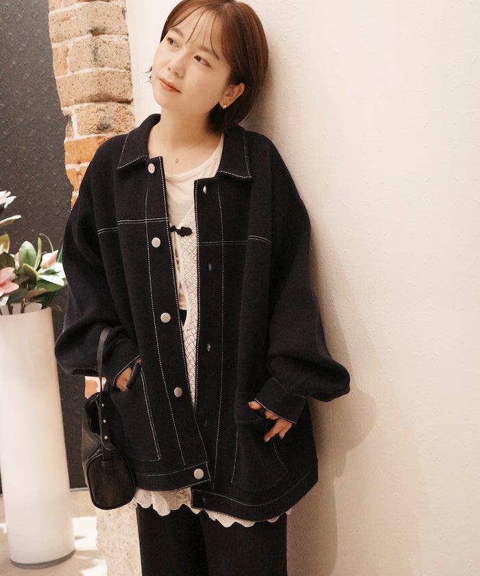Oversized Wool Blend Knit Coverall / Color Stitch Knit Jacket