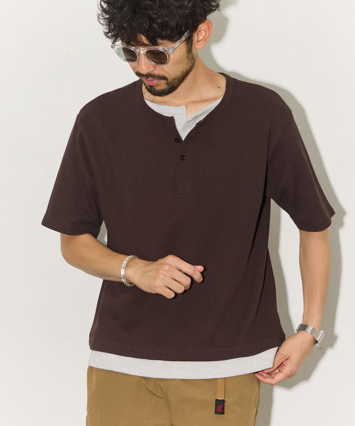 Waffle Fake Layered Henry Neck T-Shirt