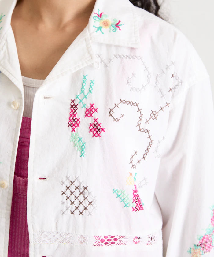 Open Collar Embroidered Shirt Jacket