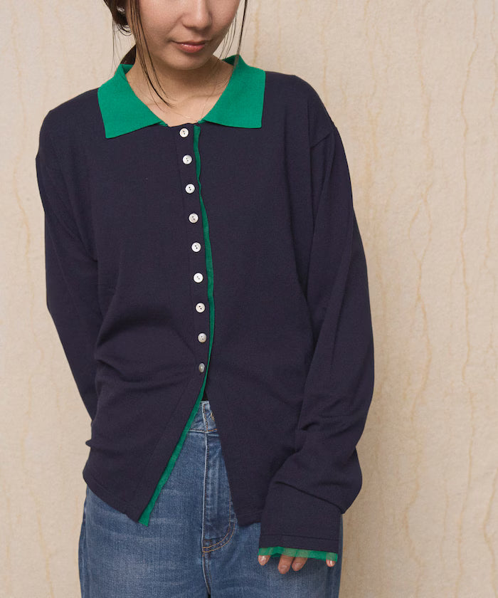 Color Design Fake Layered Long Sleeve Polo Knit Cardigan - Navy