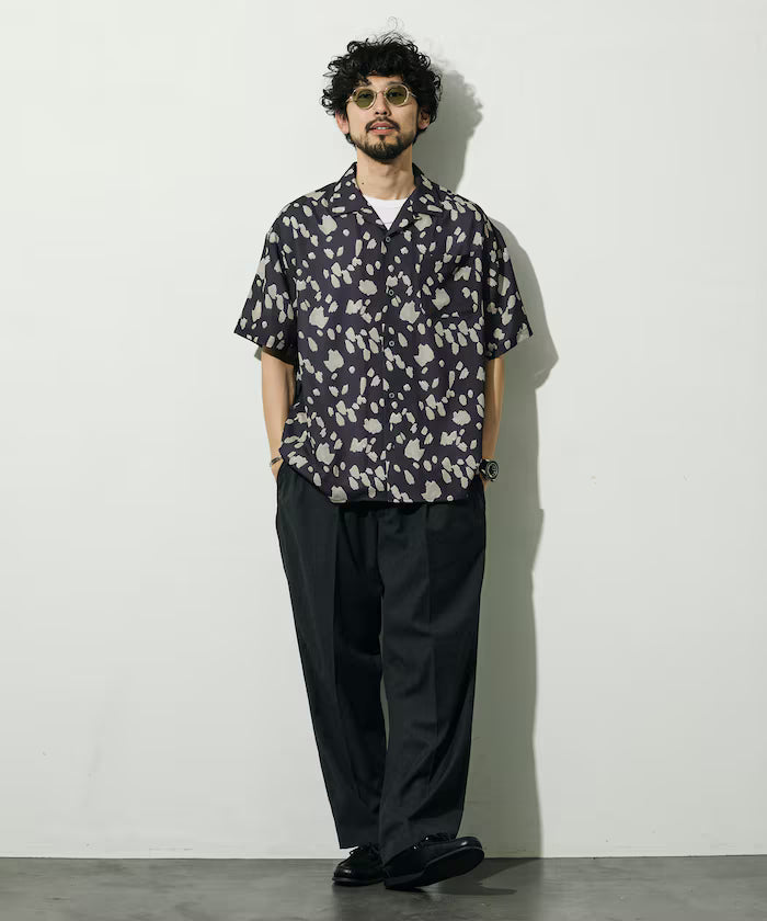 Mesh Open Collar Pattern Short Sleeve Shirt / Allover Design Open Collar Shirt / Big Silhouette